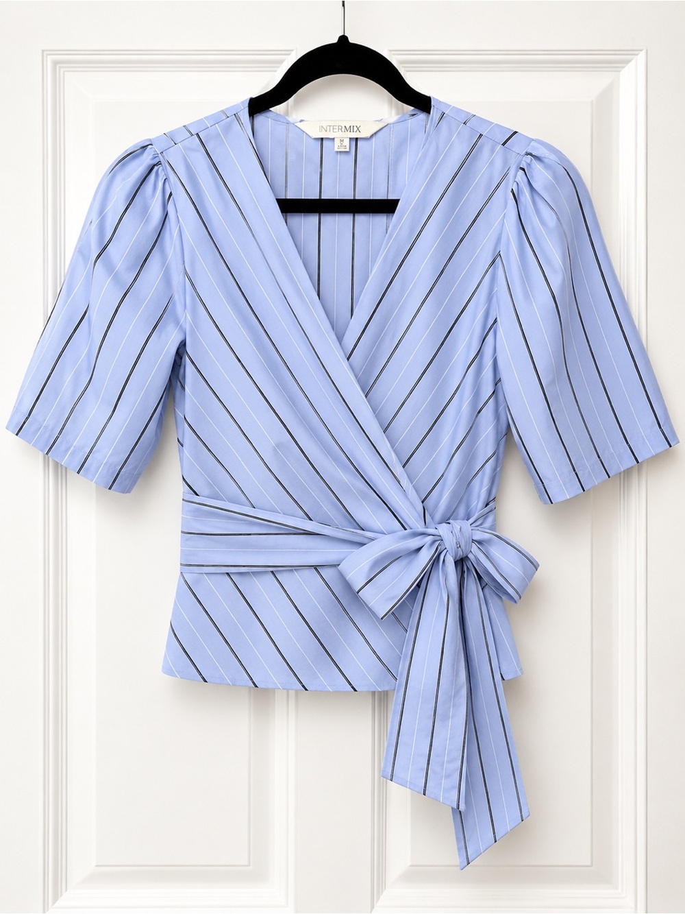 INTERMIX Light Blue Striped Wrap Top with Waist Tie Size P